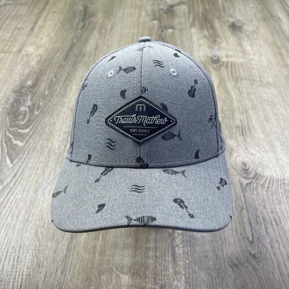Travis Mathew Hat Cap Guitar Fish Palm Tree Shark Fin Adult Gray Patch - Picture 1 of 14